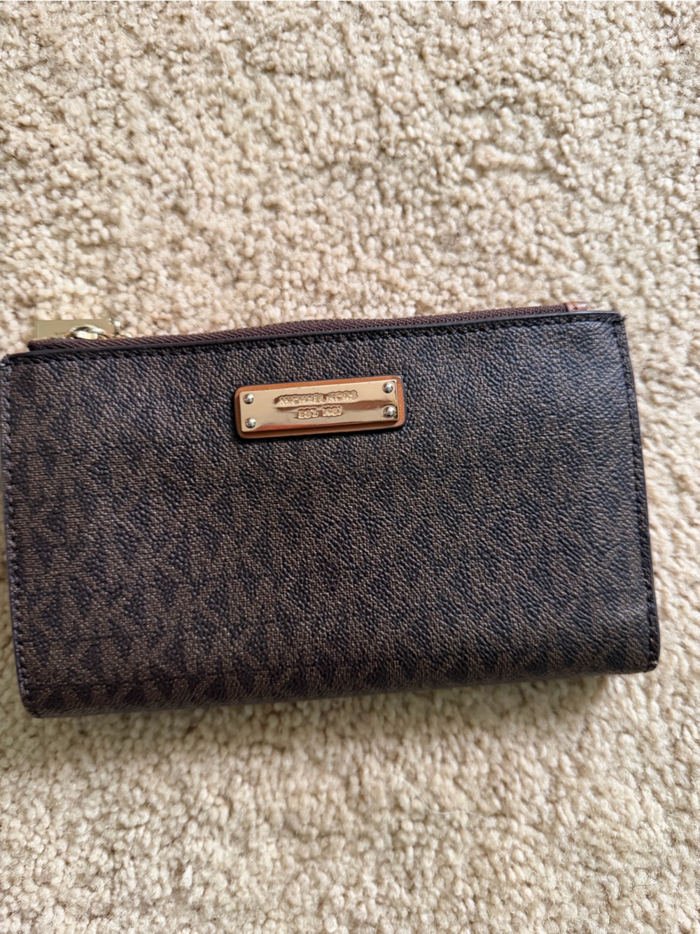 Michael Kors Dark Brown Signature Continental Wallet with Gold Plate